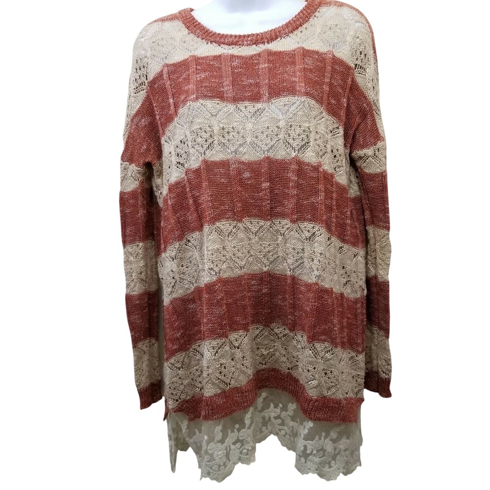 Umgee S Orange Tan Stripe‎ Tunic Sweater Lace Hem Boho Cottagecore Fisherman